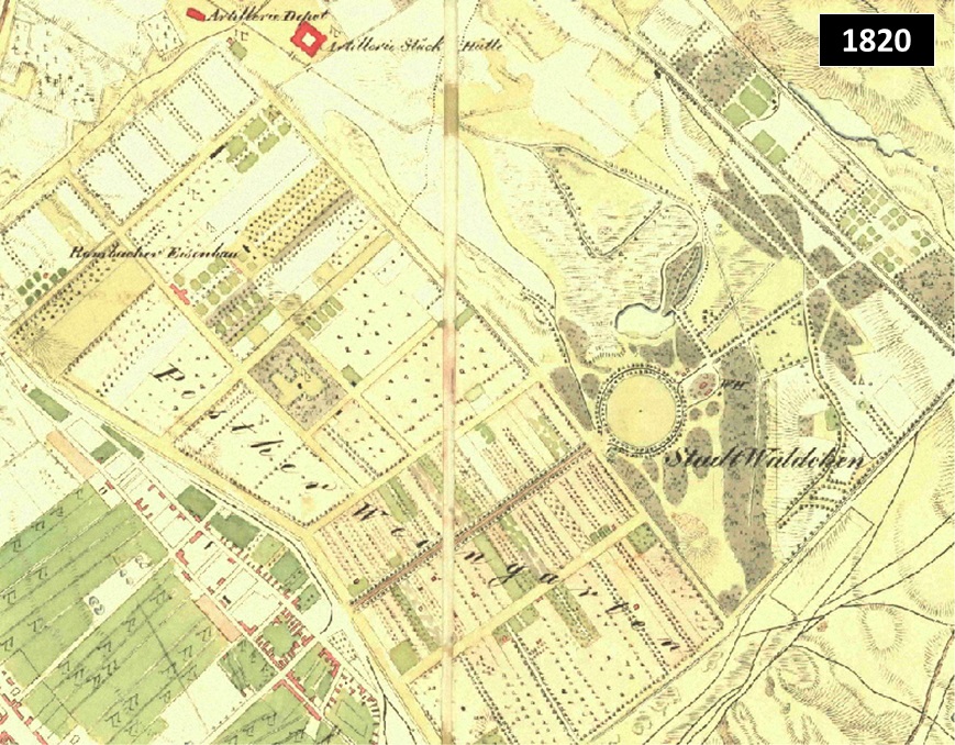 A Városerdő 1820 körül. A parkosítás a fasor végén, a rondó környékén már előrehaladott, de az Állatkert majdani helyén még alig történt változás