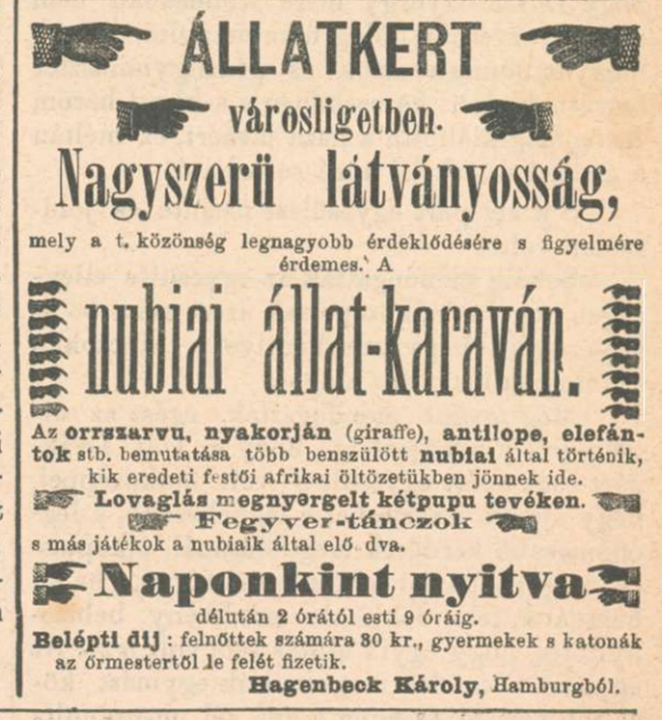 Az Állatkertben 1878-ban vendégszerepelt núbiai karaván hirdetése 