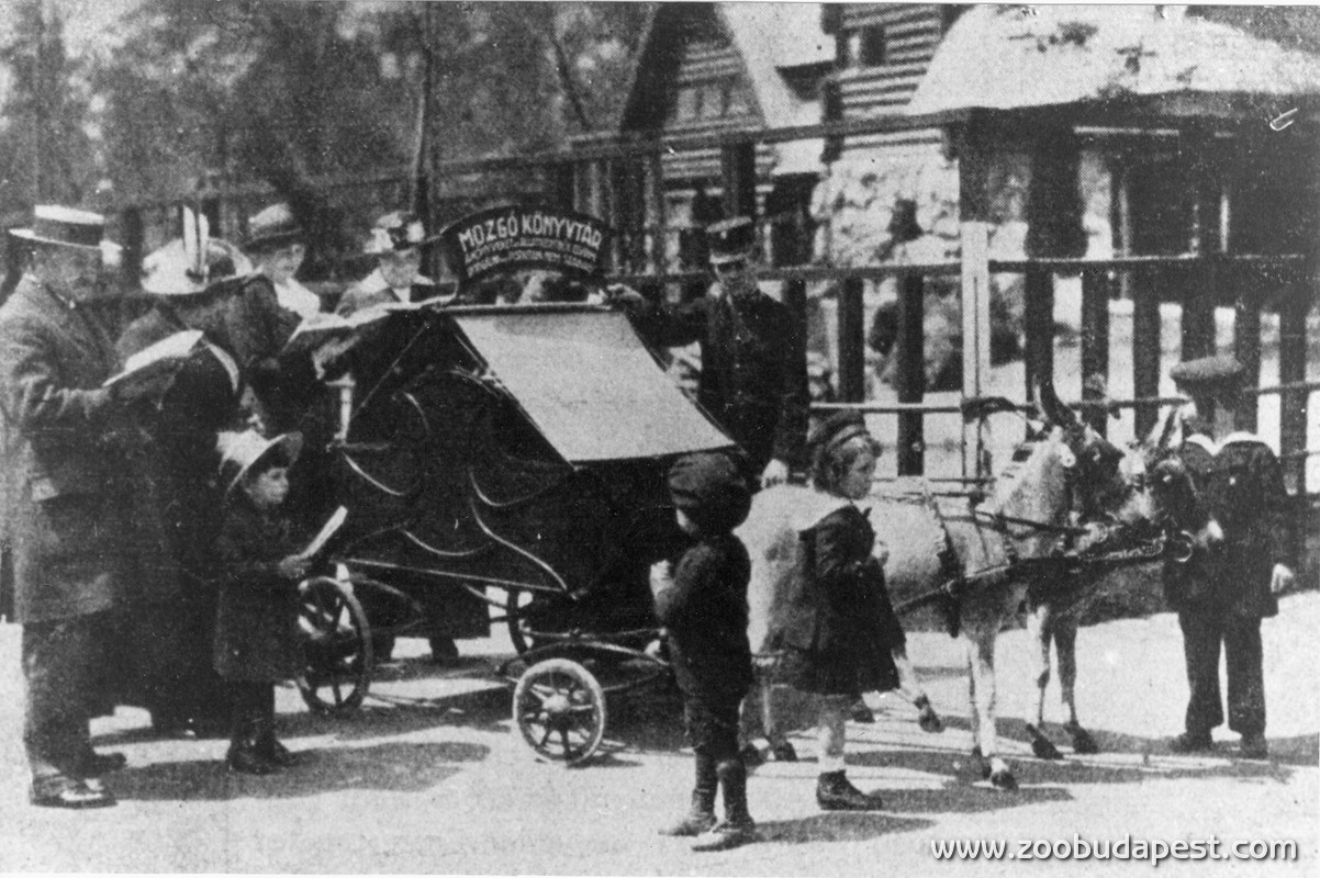 A Szabó Ervin és Lendl Adolf kezdeményezésére létesült állatkerti mozgó könyvtár kiskocsija, amelyet törpe szamarak húztak